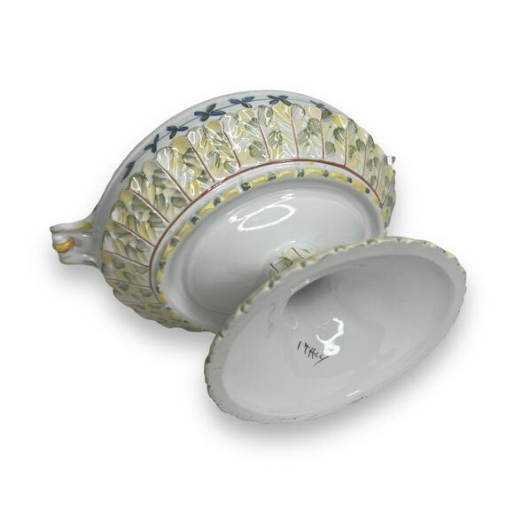 Hand Painted Vintage Italian Faience Footed Porcelain Tureen W/ Underplate Italy - Picture 9 of 15